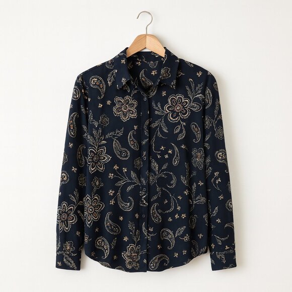 #51 SOYA CONCEPT | Navy Blue & Brown Floral Buttonup Blouse - Women's Small - Picture 2 of 9